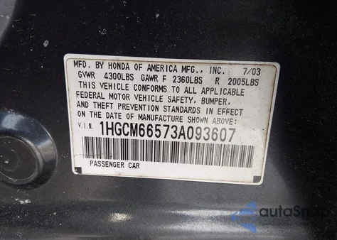 2003 Honda Accord 3.0 Ex из США, поврежденный, VIN 1HGCM66573A093607